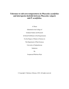 Tolerance to Sub-Zero Temperatures in Phaseolus Acutifolius and Interspecies Hybrids Between Phaseolus Vulgaris and P