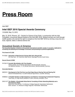 Intel ISEF 2016 Special Awards Ceremony | Society for Science 5/13/16, 1:14 PM