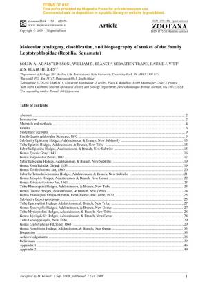 Molecular Phylogeny, Classification, and Biogeography of Snakes of the Family Leptotyphlopidae (Reptilia, Squamata)