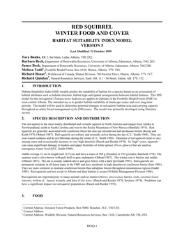 RED SQUIRREL WINTER FOOD and COVER HABITAT SUITABILITY INDEX MODEL VERSION 5 Last Modified: 21 October 1999 Tara Banks, RR 2, Stn Main, Leduc Alberta