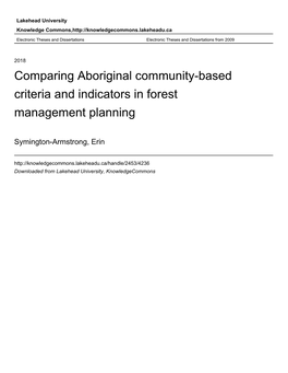 Comparing Aboriginal Community-Based Criteria and Indicators in Forest Management Planning
