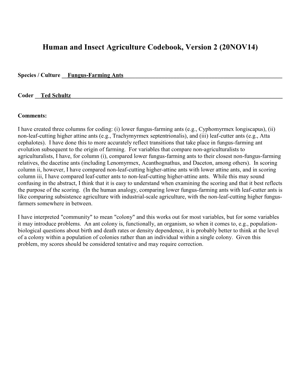Human and Insect Agriculture Codebook, Version 2 (20NOV14)