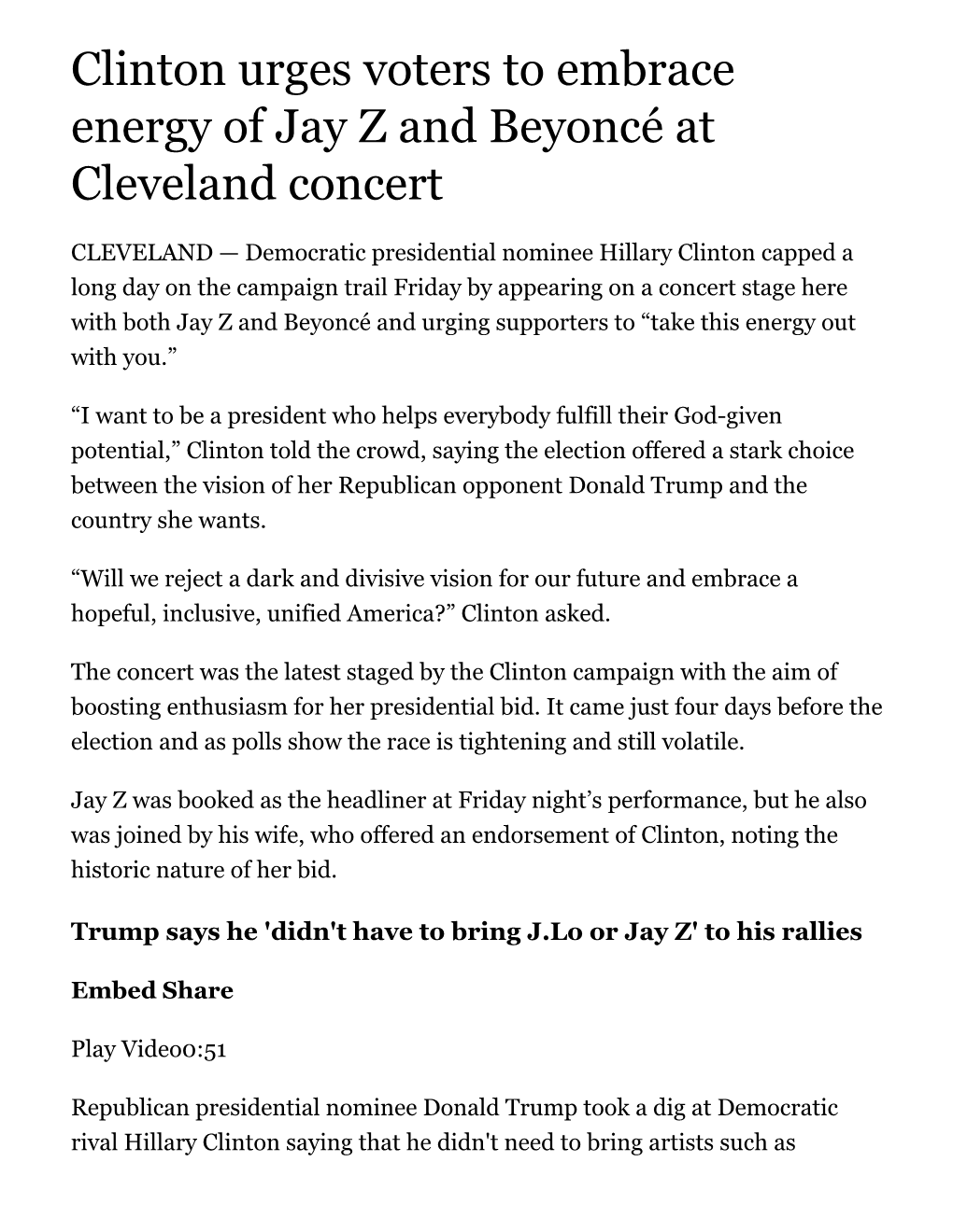 Clinton Urges Voters to Embrace Energy of Jay Z and Beyoncé at Cleveland Concert