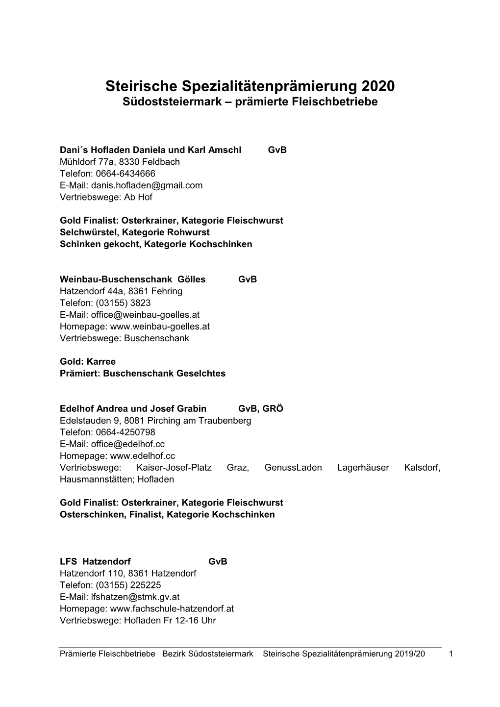 Steirische Spezialitätenprämierung 2020 Südoststeiermark – Prämierte Fleischbetriebe