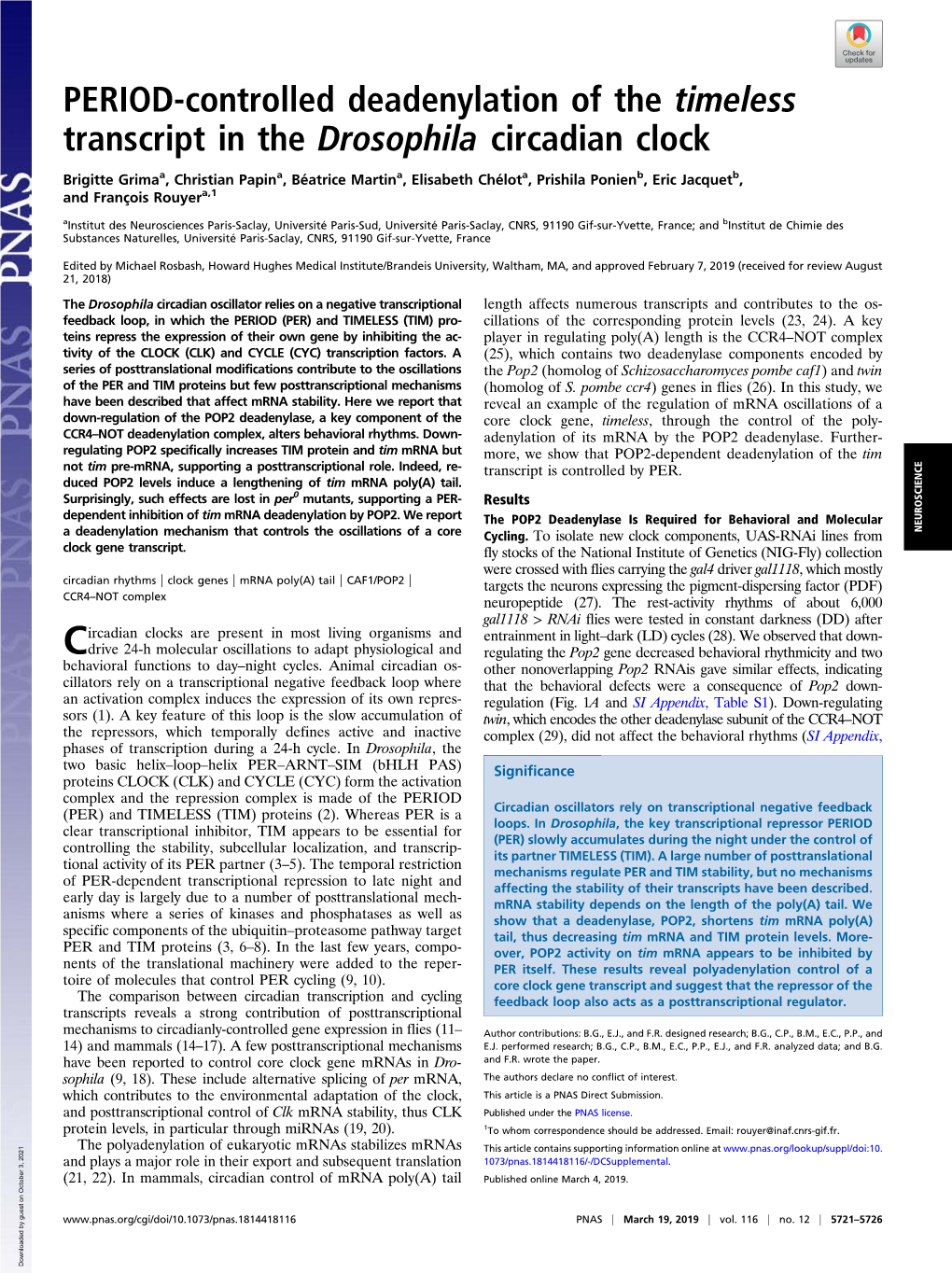 PERIOD-Controlled Deadenylation of the Timeless Transcript in the Drosophila Circadian Clock