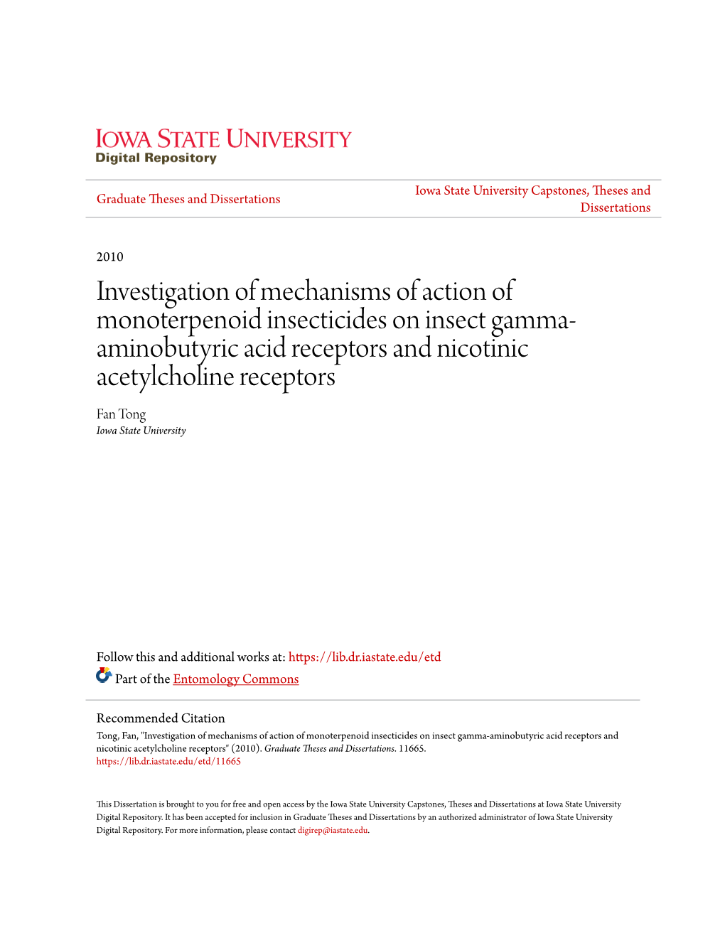 Investigation of Mechanisms of Action of Monoterpenoid Insecticides On