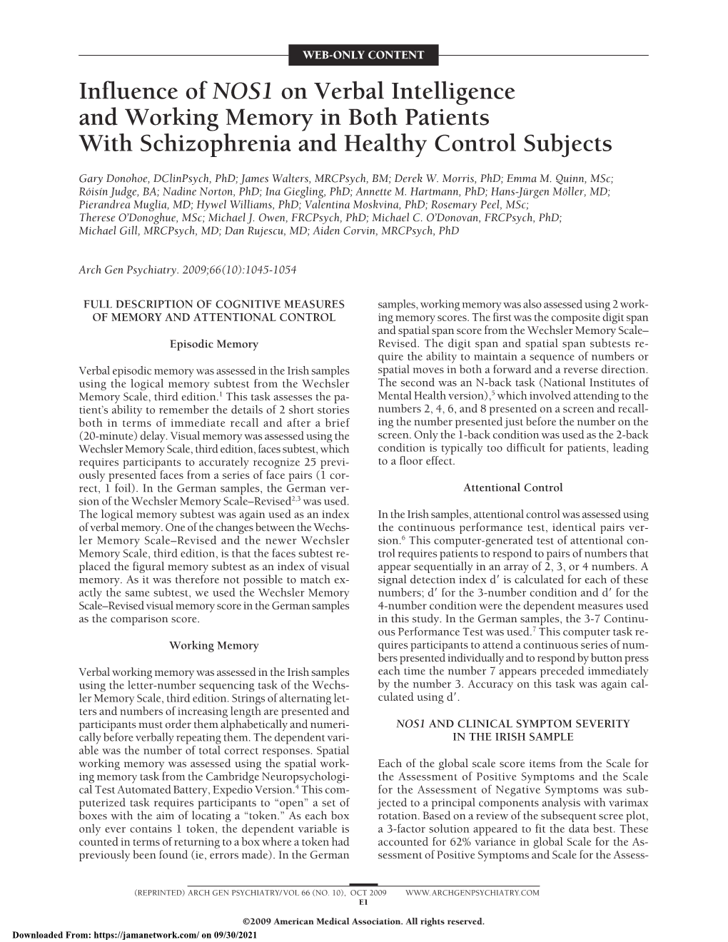 Influence of NOS1 on Verbal Intelligence and Working Memory in Both Patients with Schizophrenia and Healthy Control Subjects