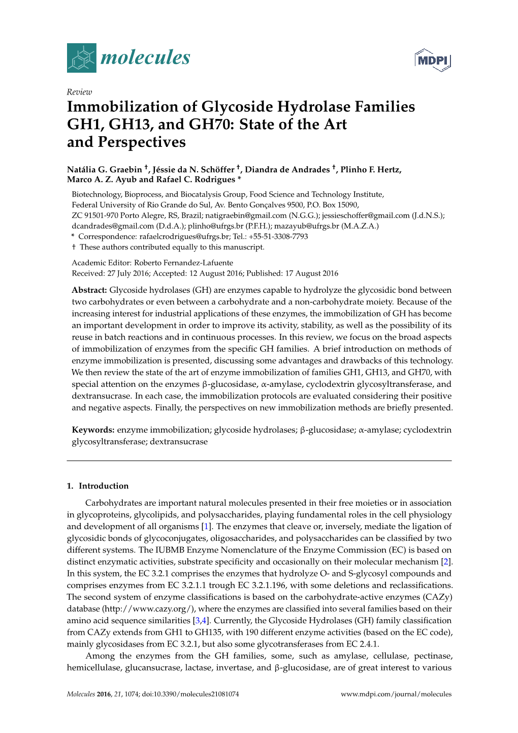 Immobilization of Glycoside Hydrolase Families GH1, GH13, and GH70: State of the Art and Perspectives