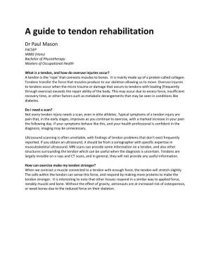 A Guide to Tendon Rehabilitation Dr Paul Mason FACSEP MBBS (Hons) Bachelor of Physiotherapy Masters of Occupational Health
