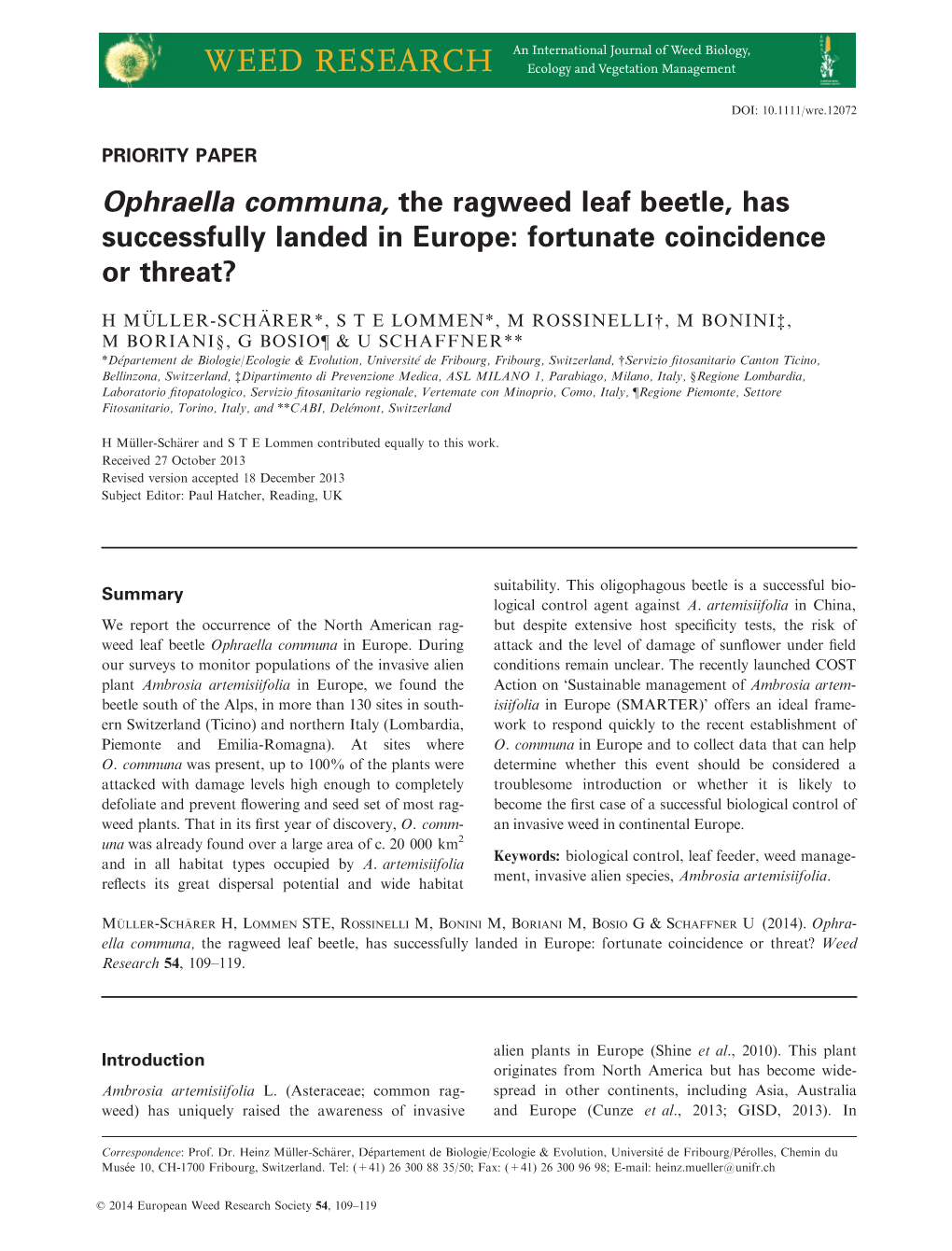 Ophraella Communa, the Ragweed Leaf Beetle, Has Successfully Landed in Europe: Fortunate Coincidence Or Threat?