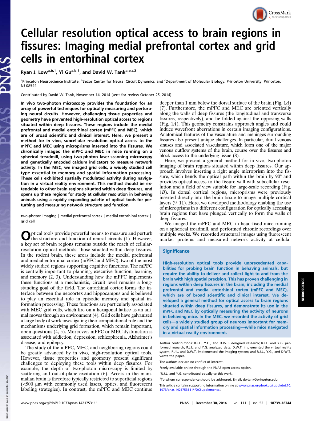 Cellular Resolution Optical Access to Brain Regions in Fissures: Imaging Medial Prefrontal Cortex and Grid Cells in Entorhinal Cortex