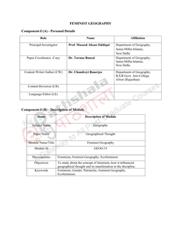 FEMINIST GEOGRAPHY Component-I