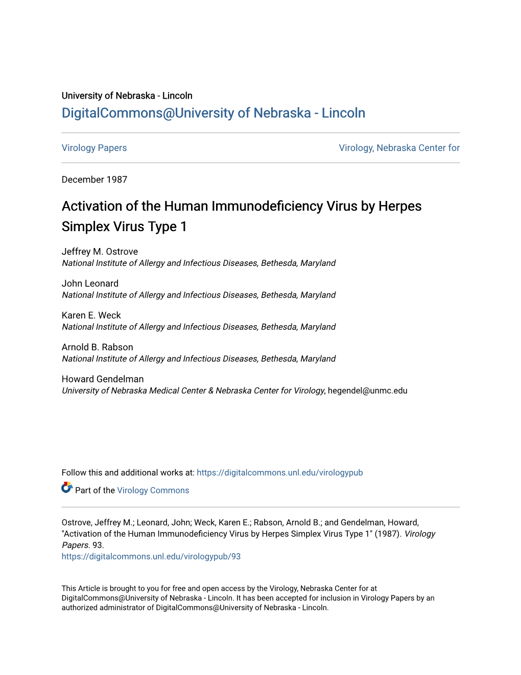 Activation of the Human Immunodeficiency Virus by Herpes Simplex Virus Type 1 JEFFREY M