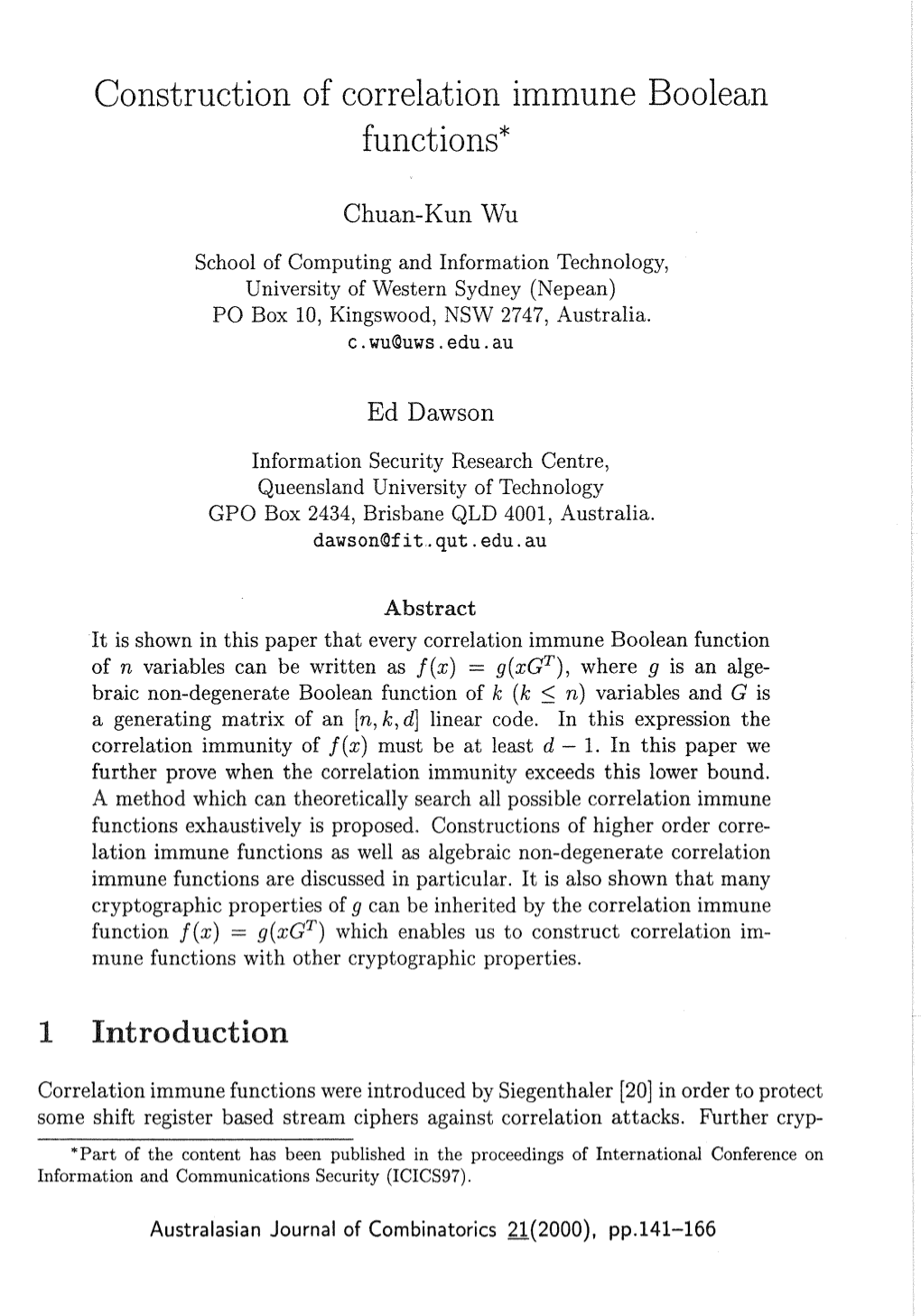 Construction of Correlation Immune Boolean Functions*