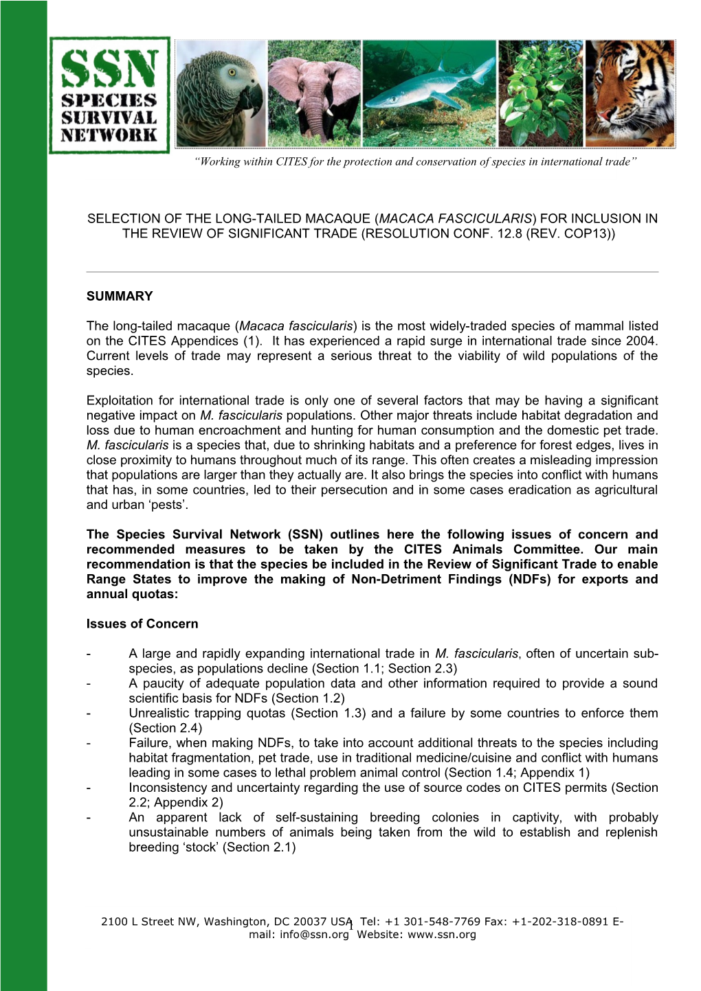 Inclusion of Macaca Fascicularis in the Review of Significant Trade