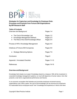 Strategies for Capturing Lost Knowledge for Employee Exits: Processes and Practices from Fortune 500 Organizations by BPI Research Staff