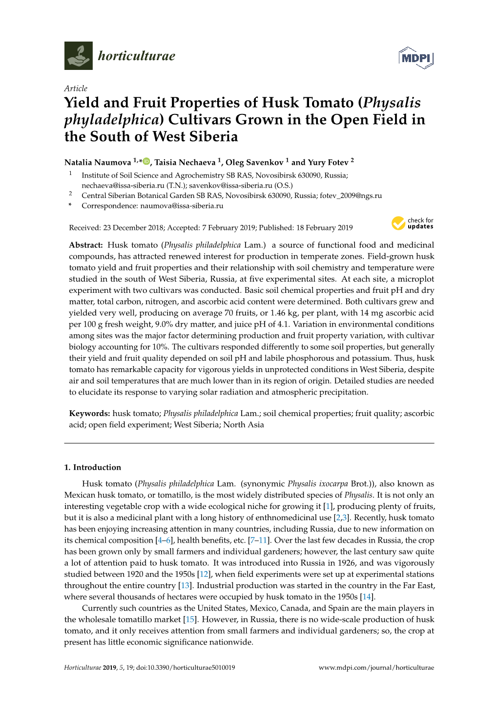 Yield and Fruit Properties of Husk Tomato (Physalis Phyladelphica) Cultivars Grown in the Open Field in the South of West Siberia