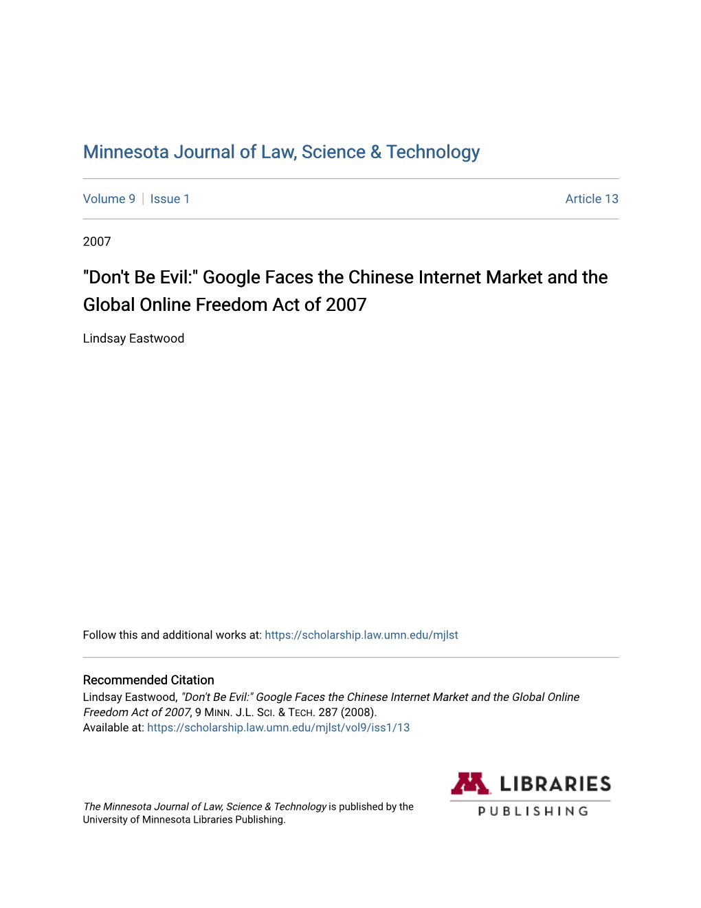Google Faces the Chinese Internet Market and the Global Online Freedom Act of 2007