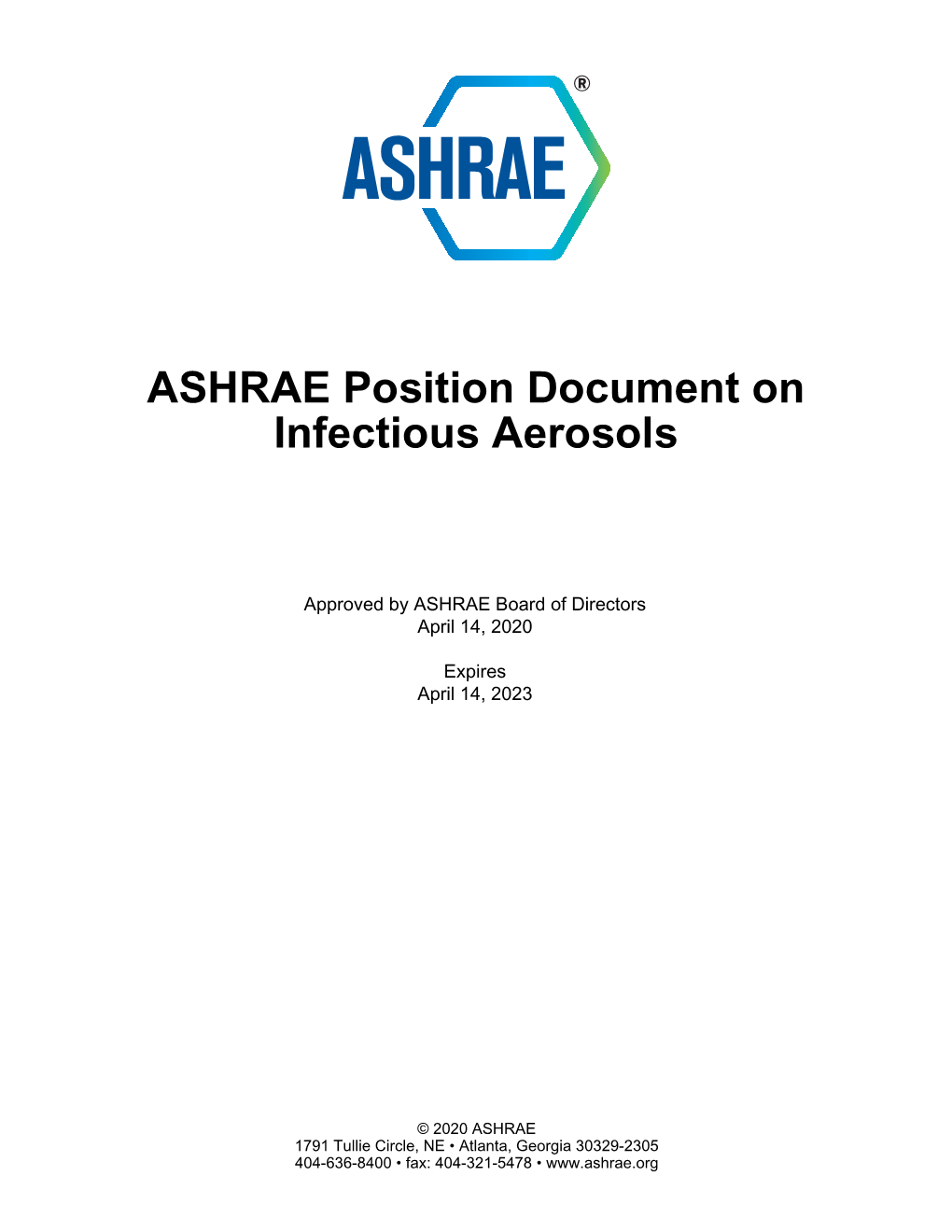 ASHRAE Position Document on Infectious Aerosols