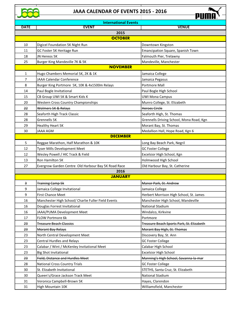 Jaaa Calendar of Events 2015 - 2016