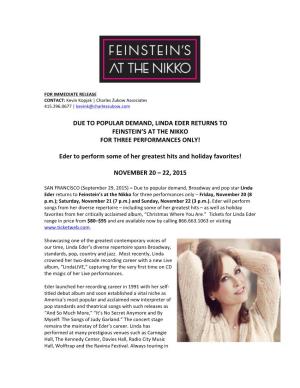 Due to Popular Demand, Linda Eder Returns to Feinstein’S at the Nikko for Three Performances Only!