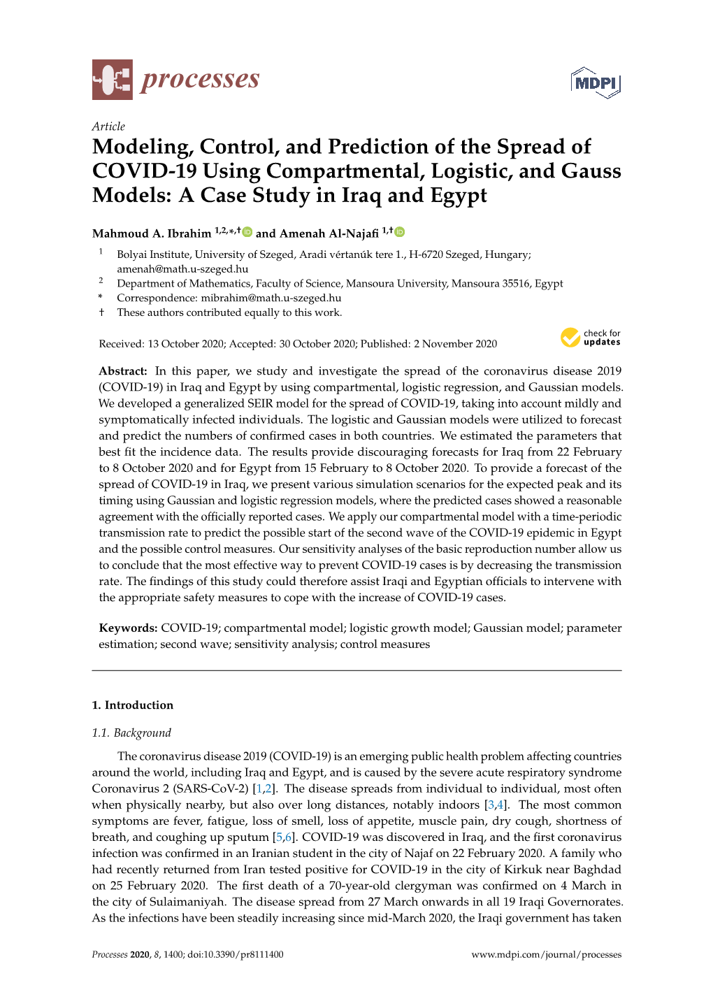 Modeling, Control, and Prediction of the Spread of COVID-19 Using Compartmental, Logistic, and Gauss Models: a Case Study in Iraq and Egypt