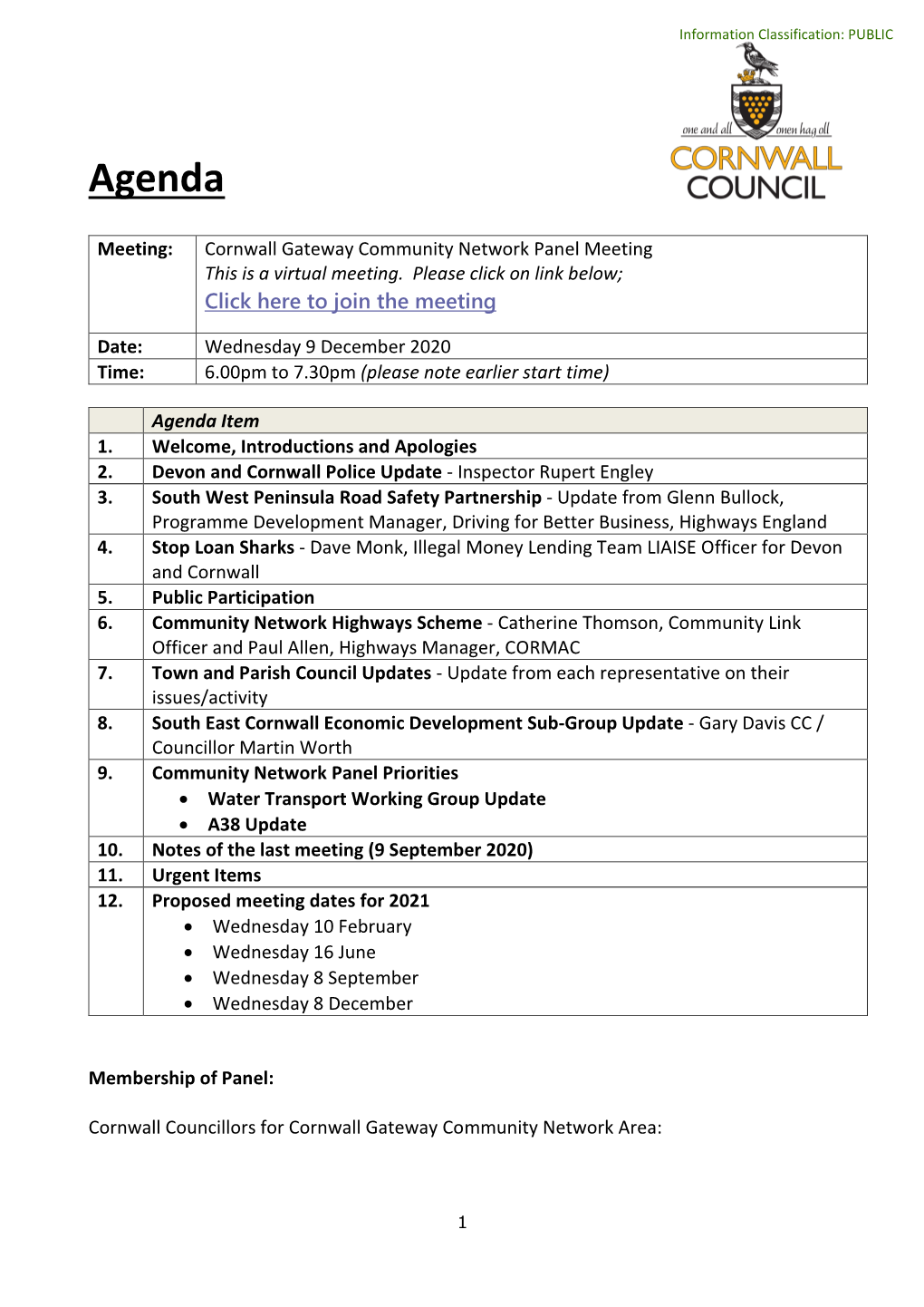 Agenda for Cornwall Gateway Community Network Meeting 091220