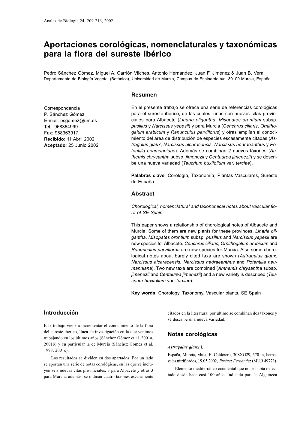 Aportaciones Corológicas, Nomenclaturales Y Taxonómicas Para La Flora Del Sureste Ibérico