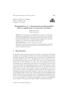 Triangulations of 3–Dimensional Pseudomanifolds with an Application to State-Sum Invariants Markus Banagl Greg Friedman