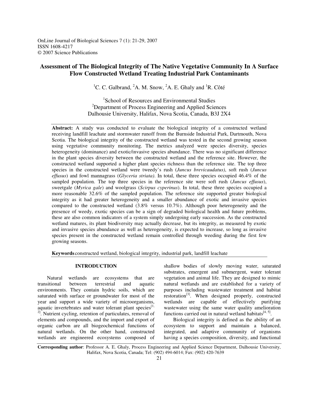 Assessment of the Biological Integrity of the Native Vegetative ...