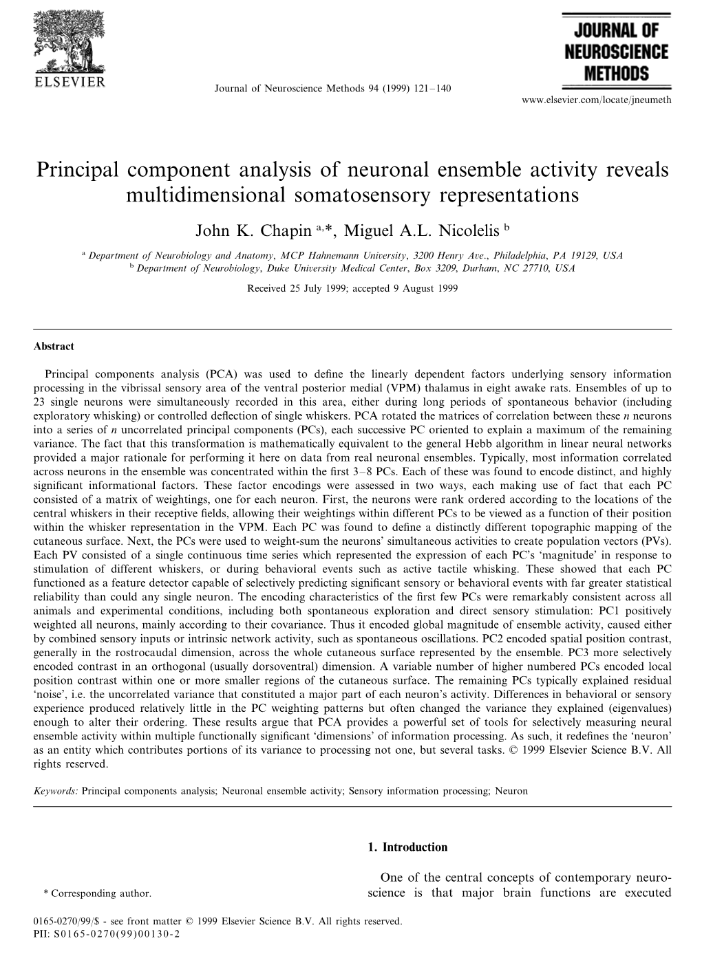 Principal Component Analysis of Neuronal Ensemble Activity Reveals Multidimensional Somatosensory Representations