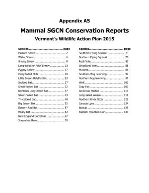 Mammal SGCN Conservation Reports Vermont’S Wildlife Action Plan 2015