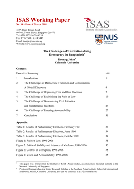 The Challenges of Institutionalising Democracy in Bangladesh† Rounaq Jahan∗ Columbia University