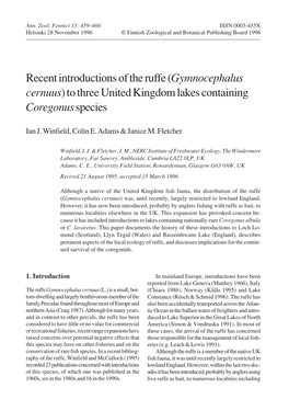 Recent Introductions of the Ruffe (Gymnocephalus Cernuus) to Three United Kingdom Lakes Containing Coregonus Species