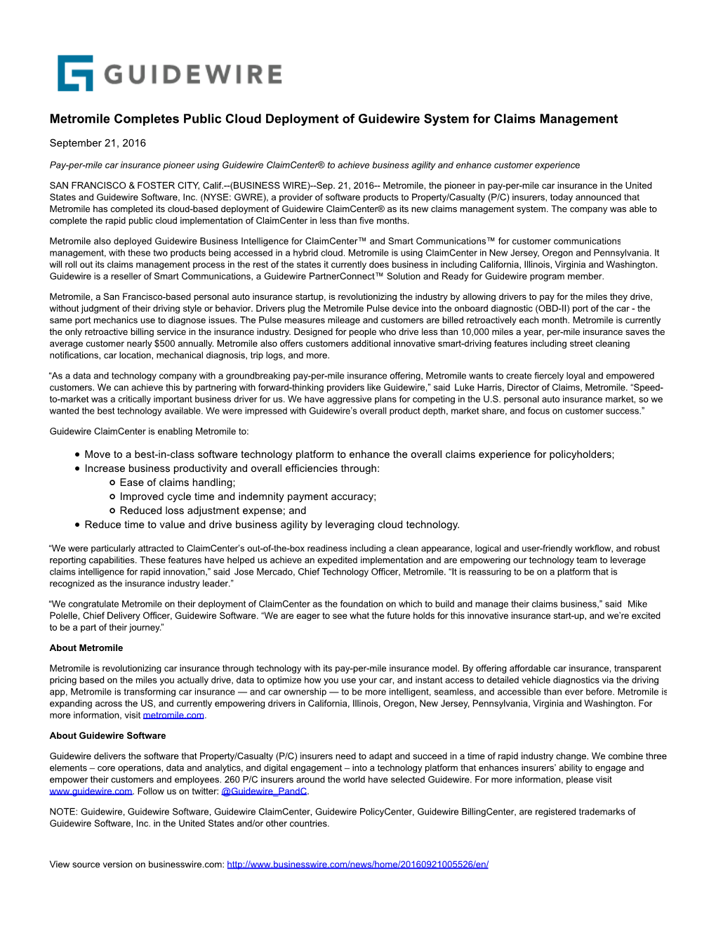 Metromile Completes Public Cloud Deployment of Guidewire System for Claims Management