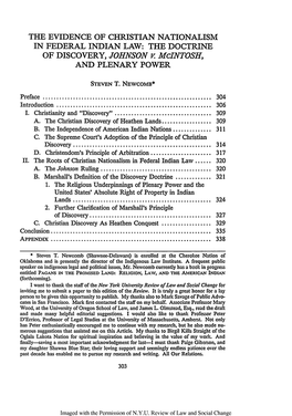 THE EVIDENCE of CHRISTIAN NATIONALISM in FEDERAL INDIAN LAW: the DOCTRINE of DISCOVERY, JOHNSON V Mcintosh, and PLENARY POWER