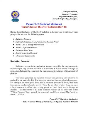 C14T (Statistical Mechanics) Topic: Classical Theory of Radiation (Part-II)