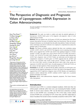 The Perspective of Diagnostic and Prognostic Values of Lipoxygenases Mrna Expression in Colon Adenocarcinoma