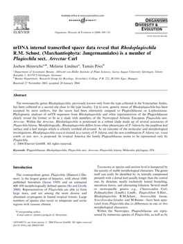 Nrdna Internal Transcribed Spacer Data Reveal That Rhodoplagiochila R.M