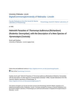 Helminth Parasites of Thomomys Bulbivorus (Richardson) (Rodentia: Geomyidae), with the Description of a New Species of Hymenolepis (Cestoda)