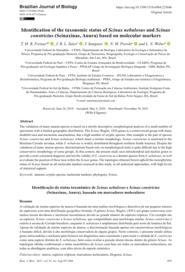 Identification of the Taxonomic Status of Scinax Nebulosus and Scinax Constrictus (Scinaxinae, Anura) Based on Molecular Markers T