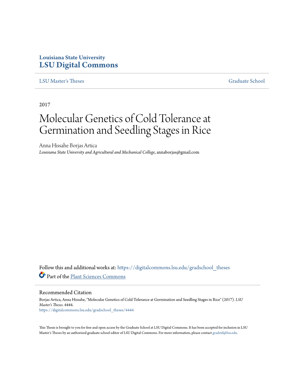 Molecular Genetics of Cold Tolerance at Germination and Seedling