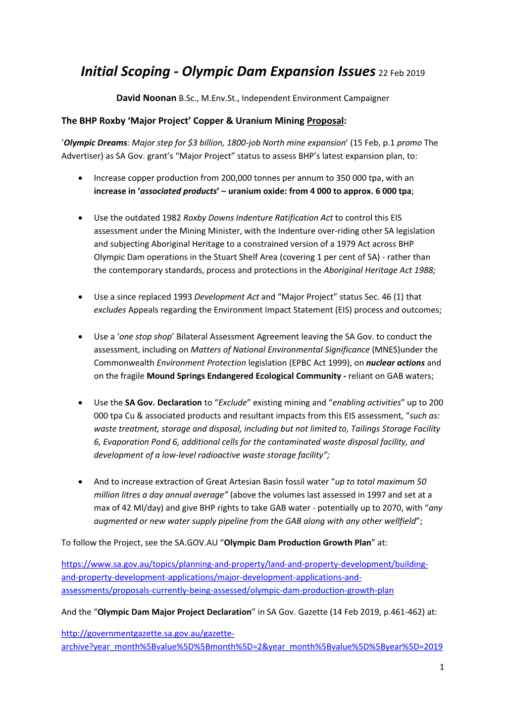 Initial Scoping - Olympic Dam Expansion Issues 22 Feb 2019