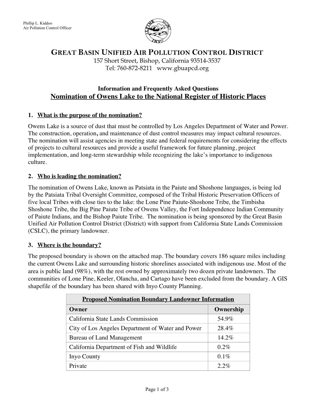 Nomination of Owens Lake to the National Register of Historic Places