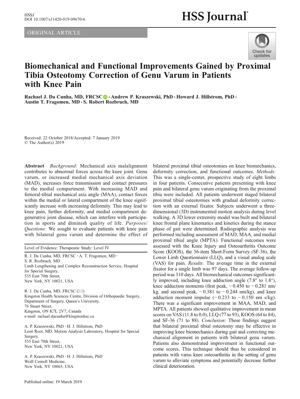 Biomechanical and Functional Improvements Gained by Proximal Tibia Osteotomy Correction of Genu Varum in Patients with Knee Pain