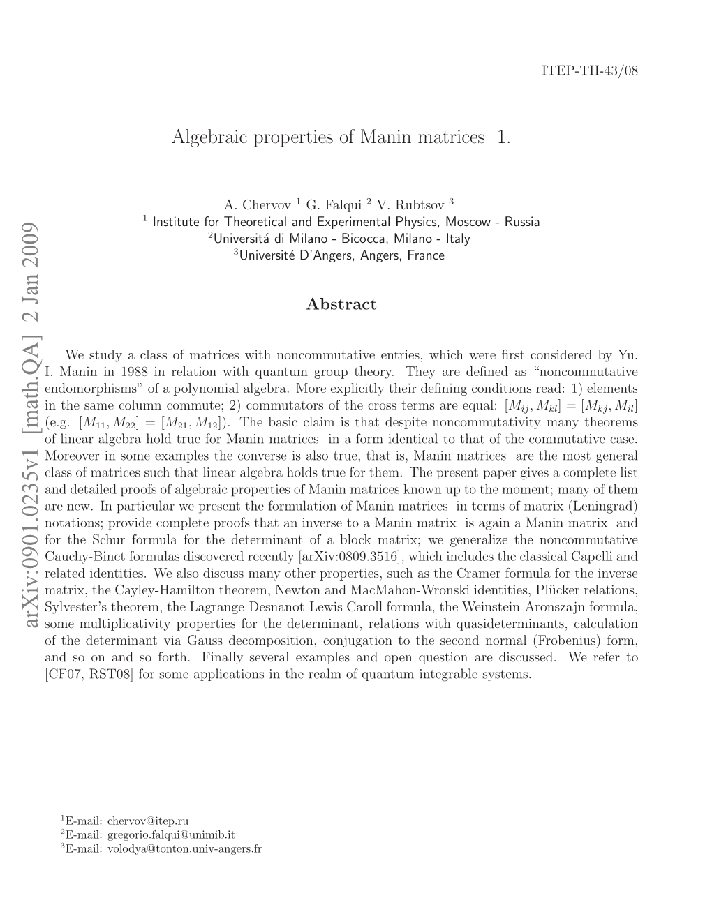 Algebraic Properties of Manin Matrices 1