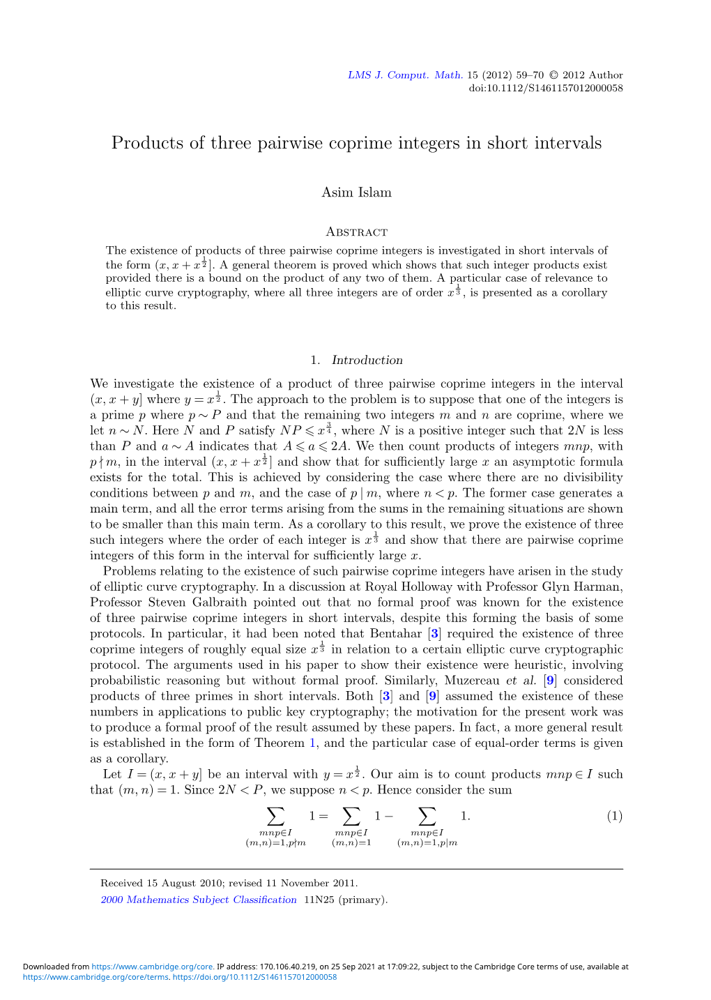 Products of Three Pairwise Coprime Integers in Short Intervals