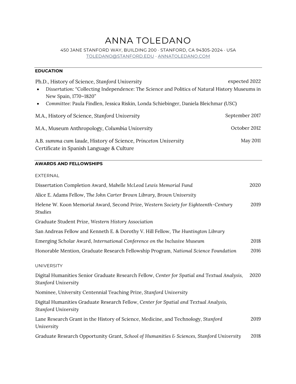 Anna Toledano 450 Jane Stanford Way, Building 200 · Stanford, Ca 94305-2024 · Usa Toledano@Stanford.Edu · Annatoledano.Com