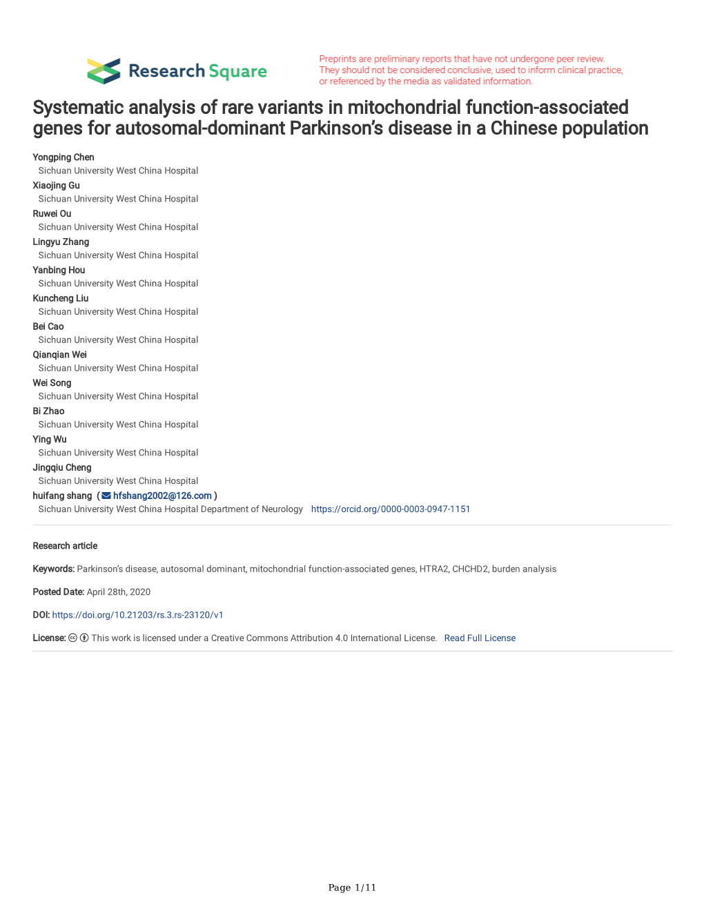 Systematic Analysis of Rare Variants in Mitochondrial Function-Associated Genes for Autosomal-Dominant Parkinson's Disease In