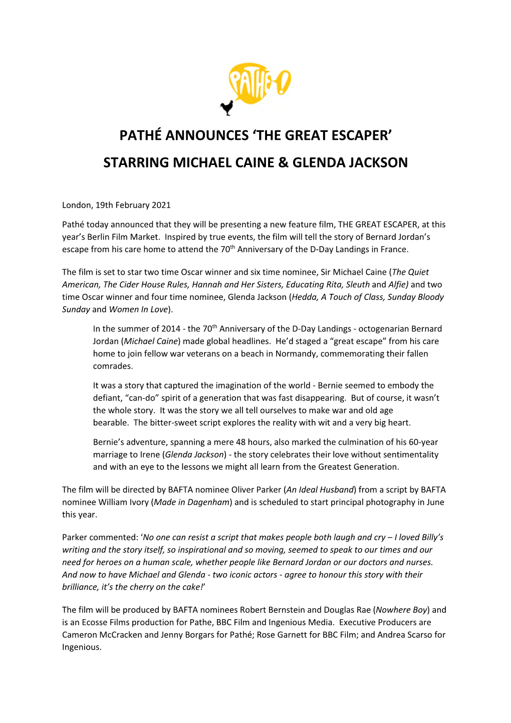 Pathé Announces 'The Great Escaper' Starring Michael